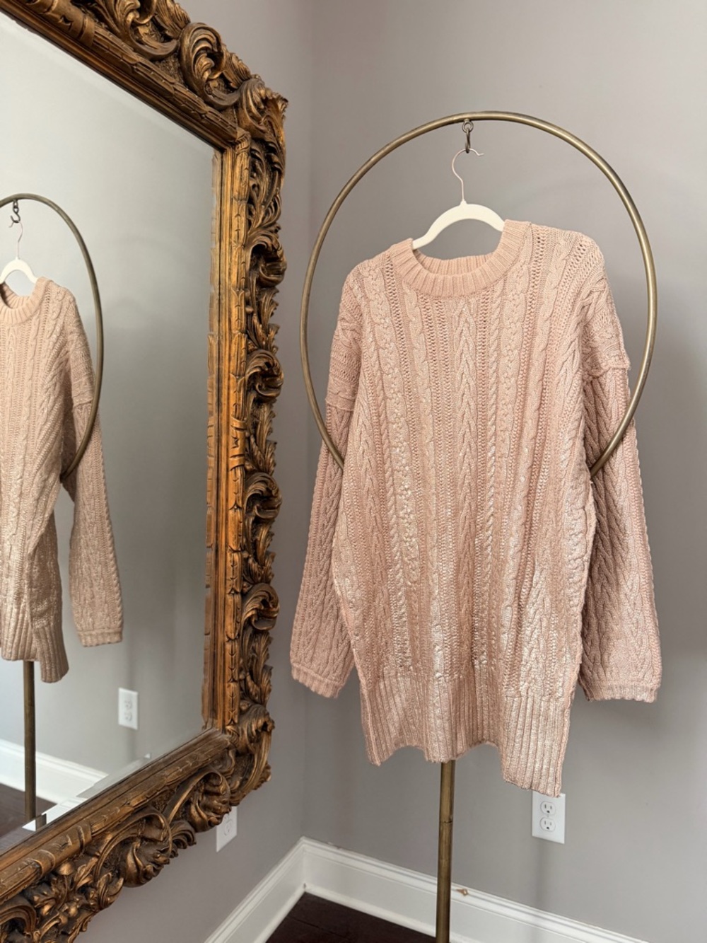Free People Gold Shimmer Cable Knit Crewneck Sweater